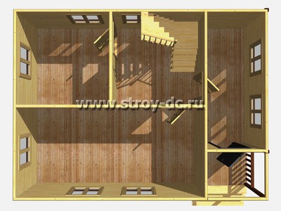 Каркасный дом, проект Д73, с боковой верандой, двухскатной крышей, крыльцом и двумя спальнями, размером 6х8 метров, площадью 75 квадратных метров - фото проекта 1