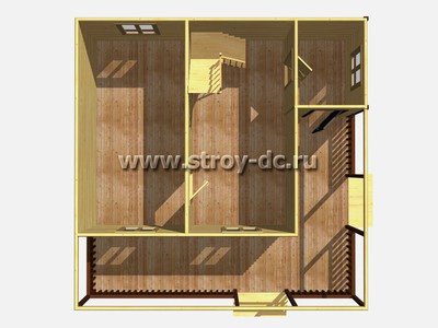 Каркасный дом, проект Д74, с открытой угловой террасой, двухскатной крышей, крыльцом и двумя спальнями, размером 8х8 метров, площадью 90 квадратных метров - фото проекта 1