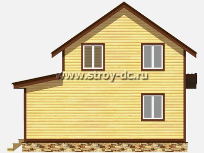 Дом из бруса, проект Д74, с открытой угловой террасой, двухскатной крышей, крыльцом и двумя спальнями, размером 8х8 метров, площадью 90 квадратных метров - фото проекта 5