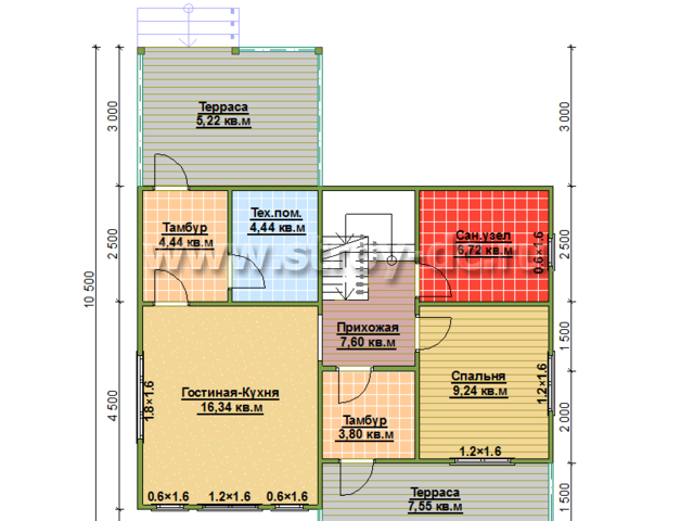 Каркасный дом, проект Д83, с террасой, многоскатной крышей и четырьмя спальнями, размером 9х10,5 метров, площадью 125,18 квадратных метров – планировка проекта 1